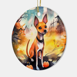 Halloween Basenji With Pumpkins Scary Ceramic Tree Decoration
