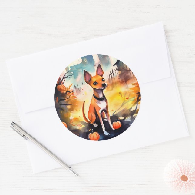 Halloween Basenji With Pumpkins Scary  Classic Round Sticker (Envelope)