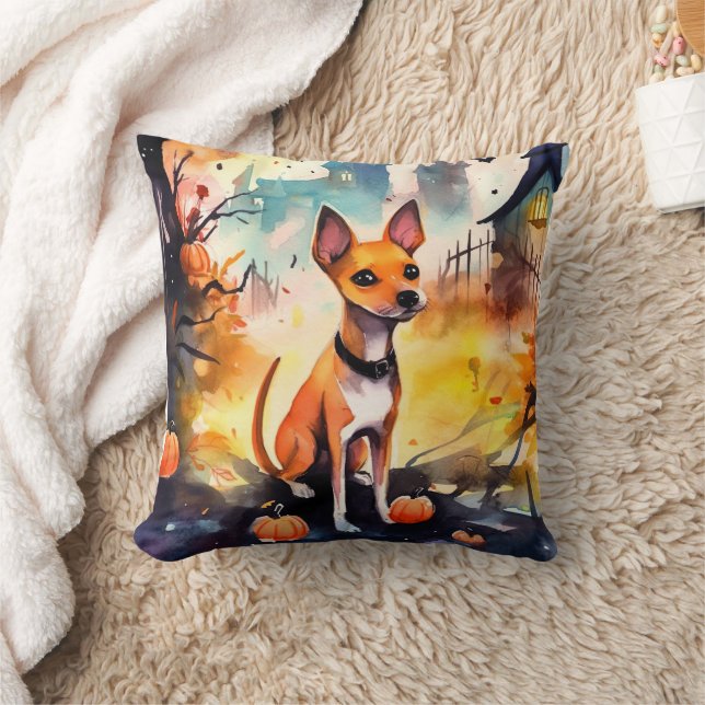 Halloween Basenji With Pumpkins Scary  Cushion (Blanket)