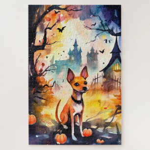 Halloween Basenji With Pumpkins Scary  Jigsaw Puzzle