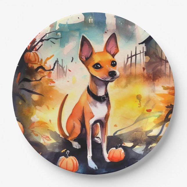 Halloween Basenji With Pumpkins Scary  Paper Plate (Front)
