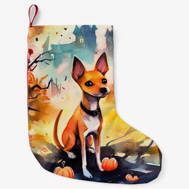 Halloween Basenji With Pumpkins Scary  Small Christmas Stocking (Front)
