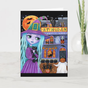 Halloween Bash Black Cat Cute Witch Haunted House Card