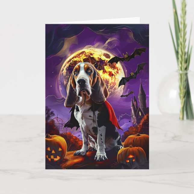Halloween Basset Hound Dog Pumpkins Scary  Card (Front)