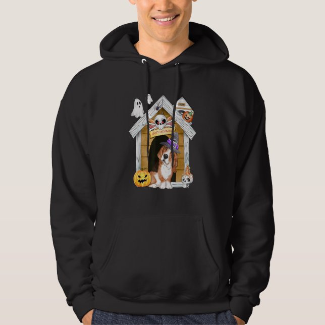 Halloween Basset Hound Dog Witch Haunted House Hoodie (Front)
