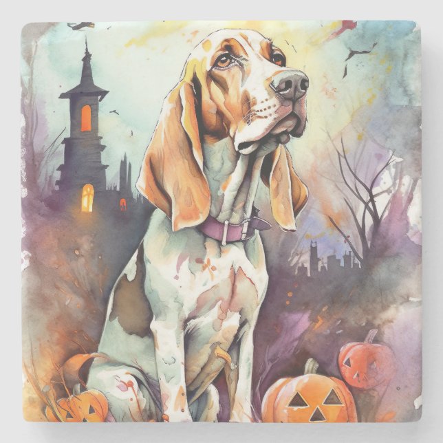 Halloween Basset Hound With Pumpkins Scary  Stone Coaster (Front)