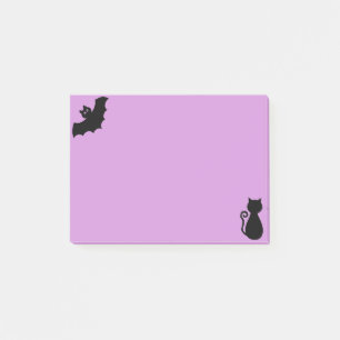 Halloween bat and black cat on violet post-it notes