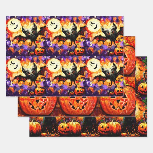 Halloween Bat Black Cat Jack-o-Lantern Decoupage Wrapping Paper Sheet (Set)