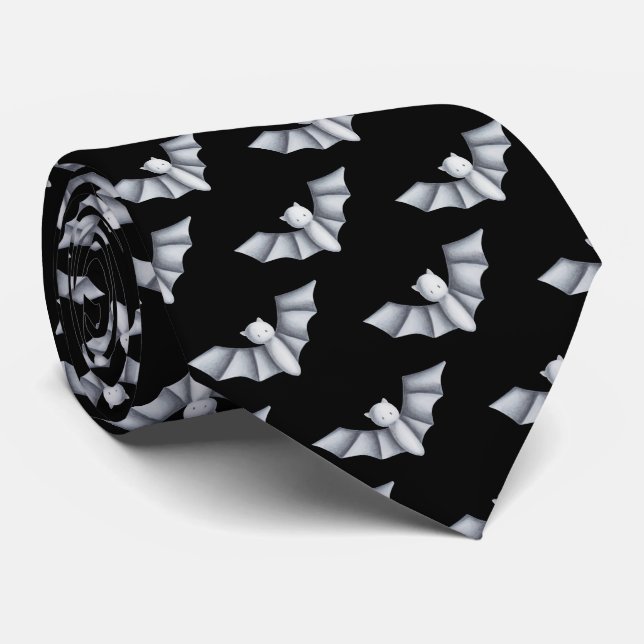 Halloween Bat Black White Pattern Tie (Rolled)
