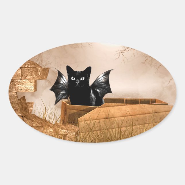 Halloween bat cat oval sticker (Front)