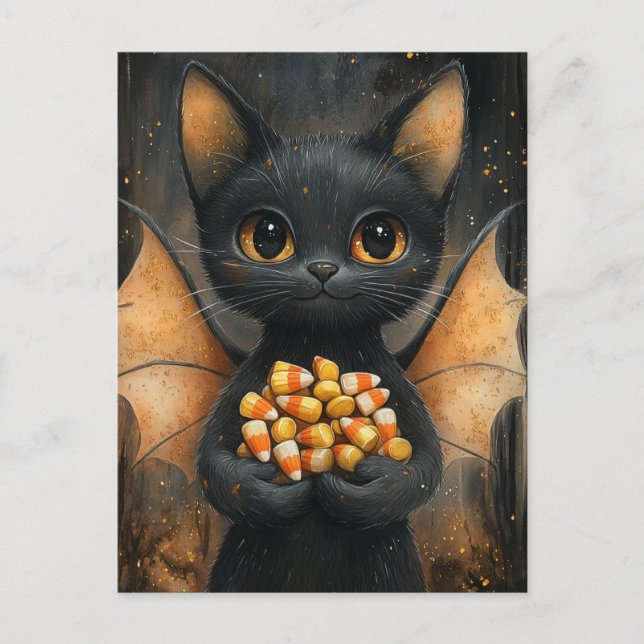 Halloween Bat Cat With Candy Postcard (Front)