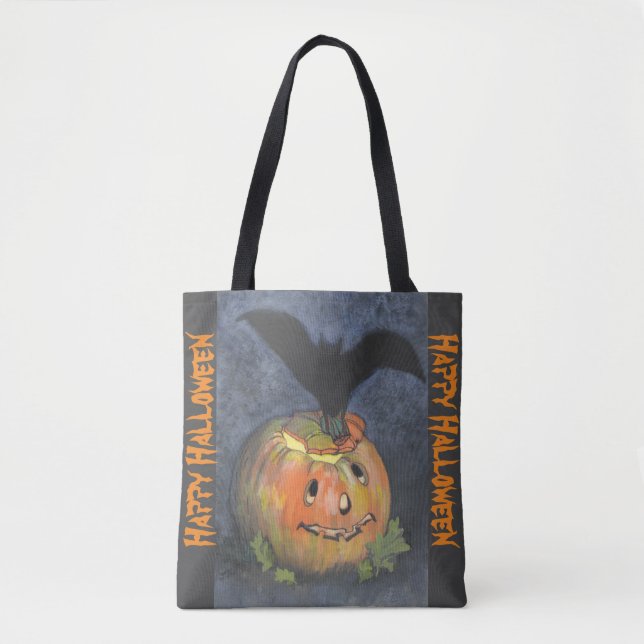 Halloween Bat & Pumpkin Designed Tote Bag (Front)