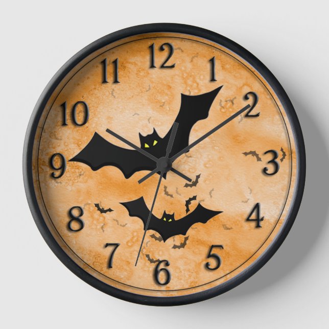 Halloween: Bat Silhouettes Orange Grunge BG Clock (Front)