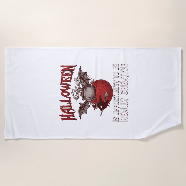 Halloween Bat Winged Cauldron Flying Witch Ghost Beach Towel (Front)
