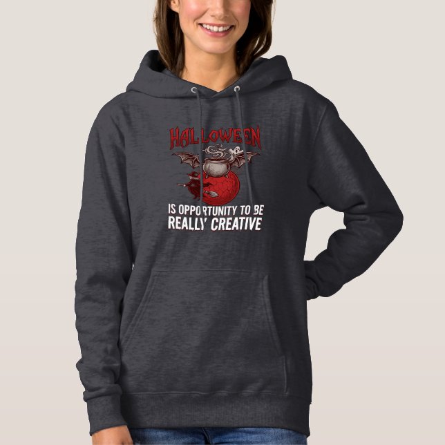Halloween Bat Winged Cauldron Flying Witch Ghost Hoodie (Front)