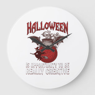 Halloween Bat Winged Cauldron Flying Witch Ghost Large Clock