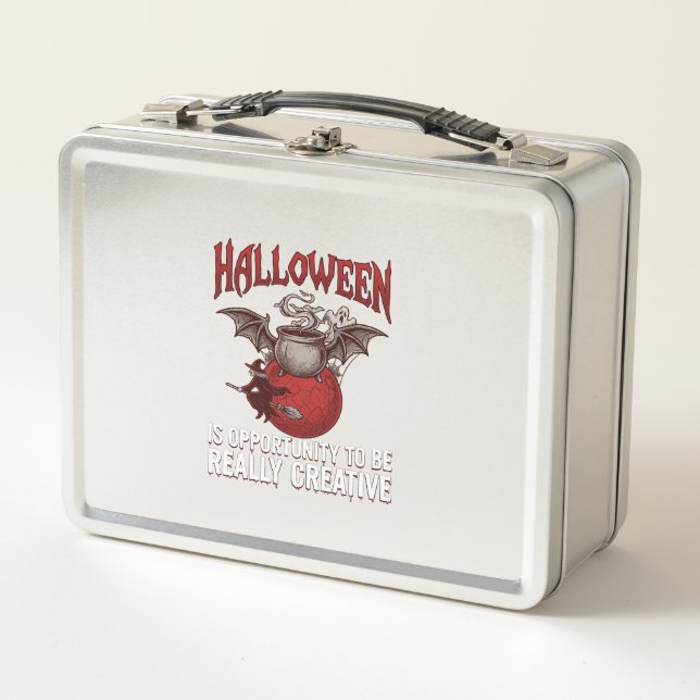 Halloween Bat Winged Cauldron Flying Witch Ghost Metal Lunch Box (Front)