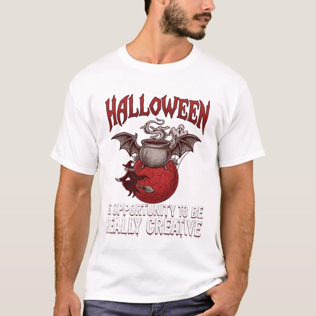 Halloween Bat Winged Cauldron Flying Witch Ghost T-Shirt (Front)