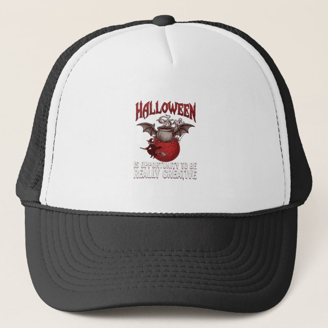 Halloween Bat Winged Cauldron Flying Witch Ghost Trucker Hat (Front)