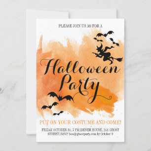 Halloween bats and witch modern watercolor invitation