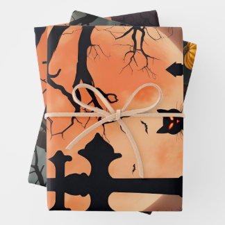 Halloween Bats Black Cat Purple, Orange Pumpkin Wrapping Paper Sheet