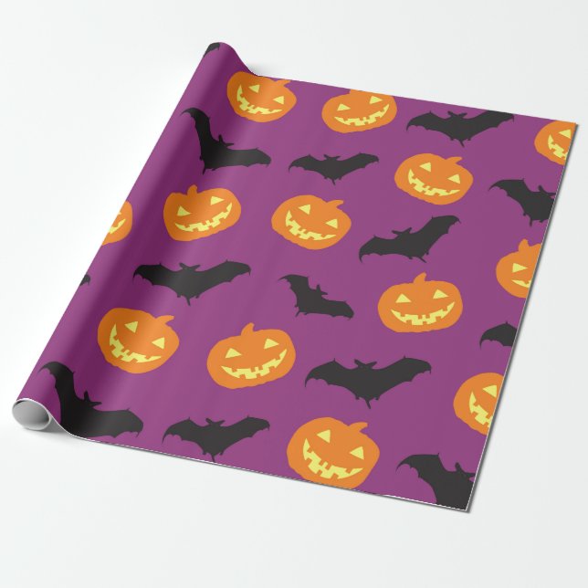 Halloween Bats & Carved Pumpkins on Purple Wrapping Paper (Unrolled)