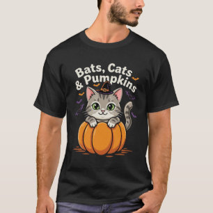 Halloween Bats Cats and Pumpkins Cute Kitten Desig T-Shirt