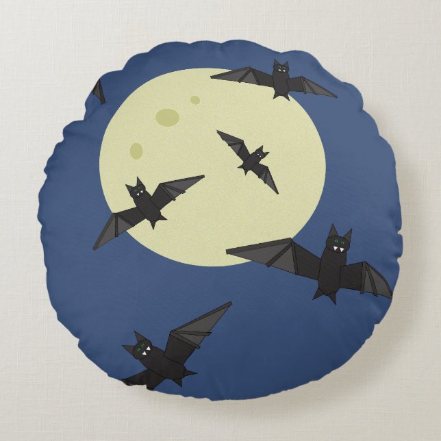 Halloween Bats flying with moon Round Cushion (Front)