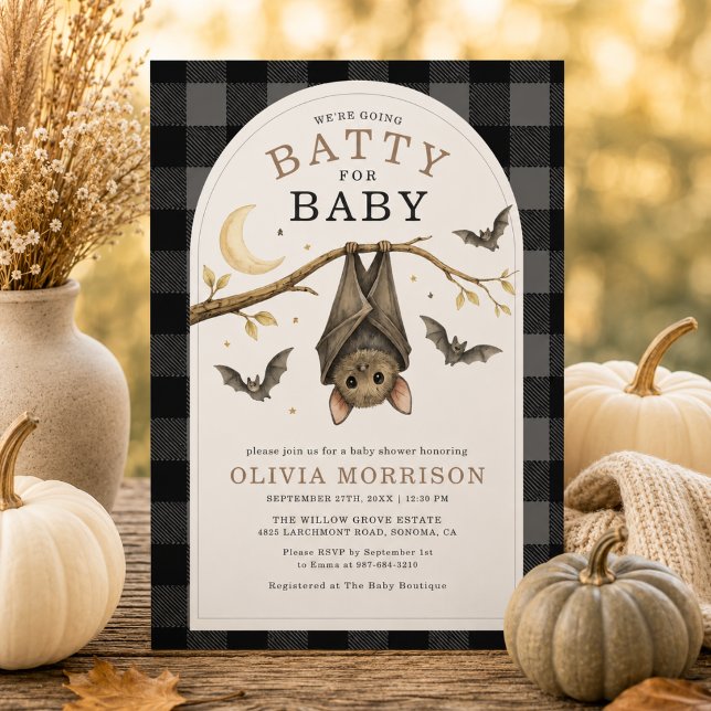 Halloween Bats Gingham Baby Shower Invitation (Creator Uploaded)