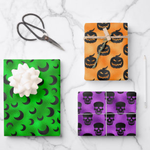HALLOWEEN BATS HALF MOONS & PUMPKINS WRAPPING PAPER SHEET