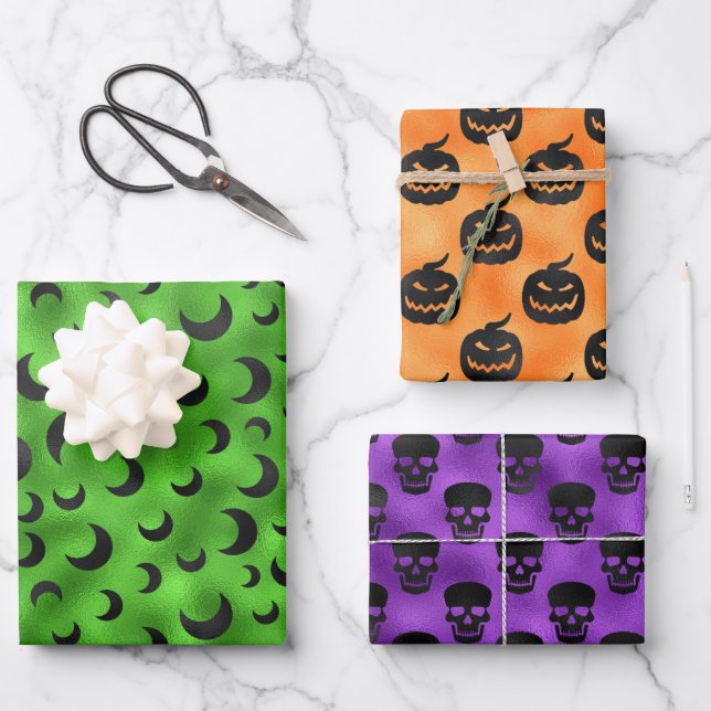 HALLOWEEN BATS HALF MOONS & PUMPKINS WRAPPING PAPER SHEET (Front)