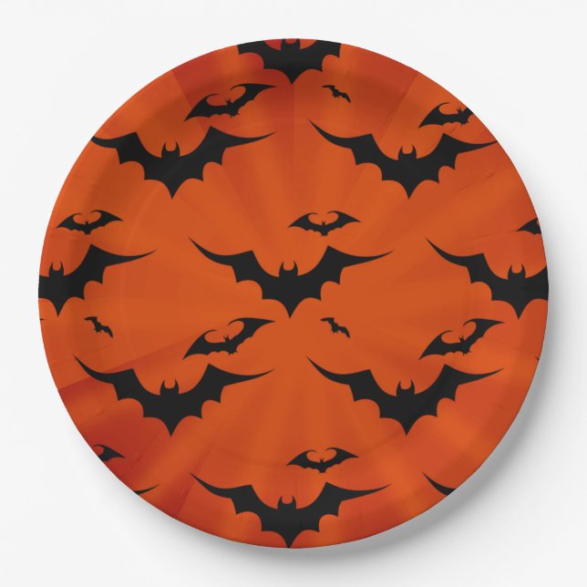 Halloween Bats on Orange Background Paper Plate (Front)