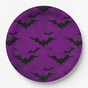 Halloween Bats on Purple Background Paper Plate