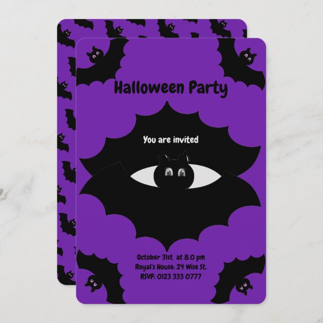 Halloween Bats on Royal Purple Invitation (Front/Back)