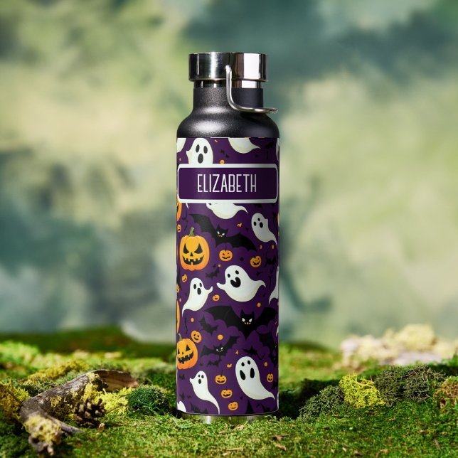 Halloween Bats Pumpkin Boo Pattern Purple Name Water Bottle (Halloween Bats Pumpkin Boo Pattern Purple Name Water Bottle)