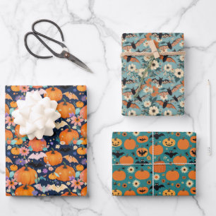 Halloween Bats Pumpkins and Flowers Wrapping Paper Sheet