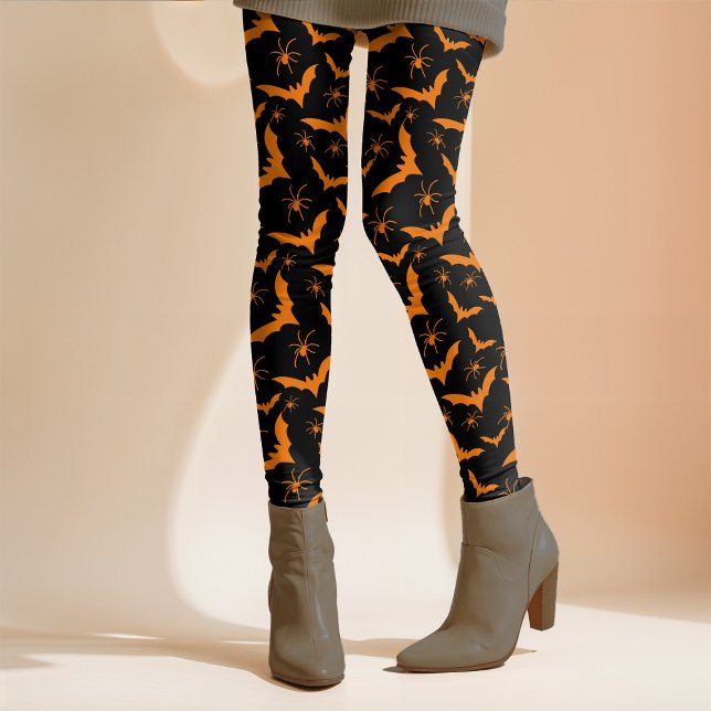 Halloween Bats Spiders Spooky Cute Orange Black Leggings (Creator Uploaded)
