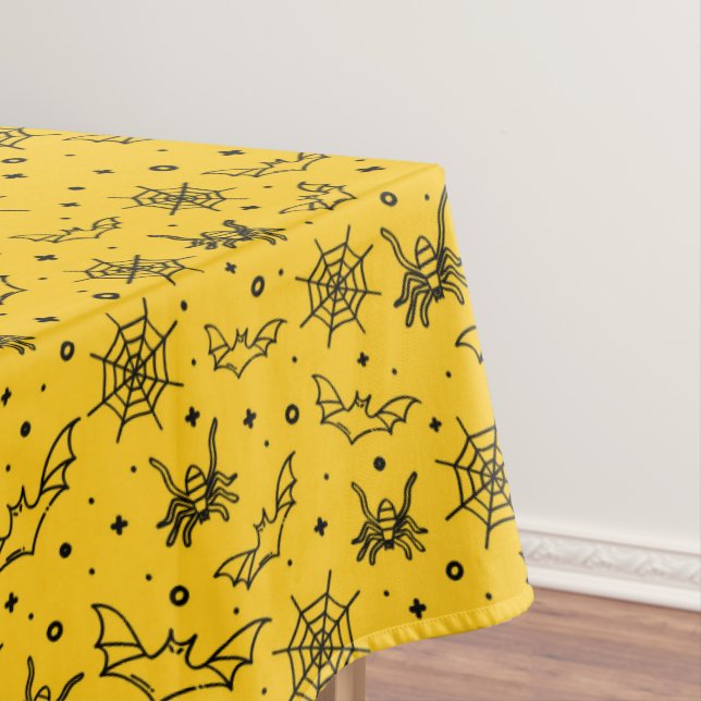 Halloween Bats Spiders Web on Large Yellow Tablecloth (In Situ)