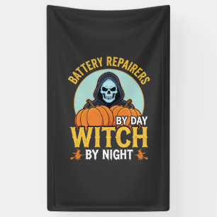 Halloween Battery Repairer Witch By Night Design Banner