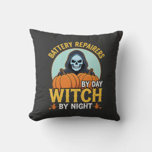 Halloween Battery Repairer Witch By Night Design Cushion