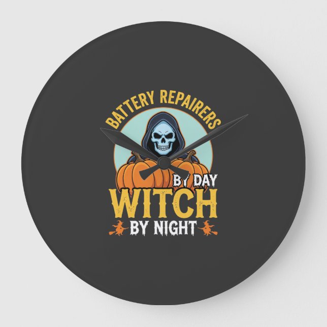 Halloween Battery Repairer Witch By Night Design Large Clock (Front)