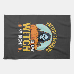Halloween Battery Repairer Witch By Night Design Tea Towel