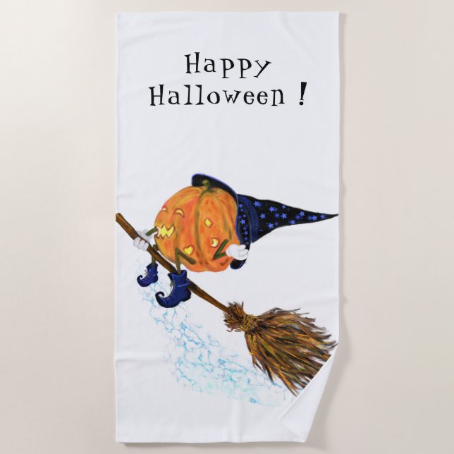 Halloween Beach Towel Witch Pumpkin Flying Broom (Front)