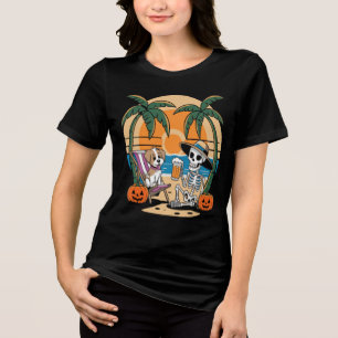 Halloween Beach Vibes Skeleton with Beer Vector Tri-Blend Shirt