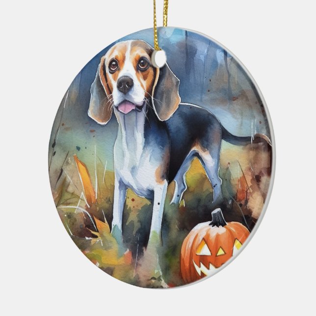 Halloween Beagle With Pumpkins Scary Ceramic Tree Decoration (Left)