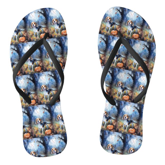 Halloween Beagle With Pumpkins Scary Flip Flops (Footbed)