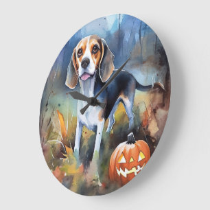 Halloween Beagle With Pumpkins Scary Large Clock