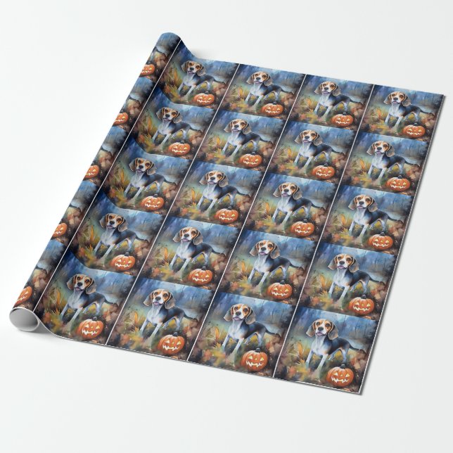 Halloween Beagle With Pumpkins Scary Wrapping Paper (Unrolled)