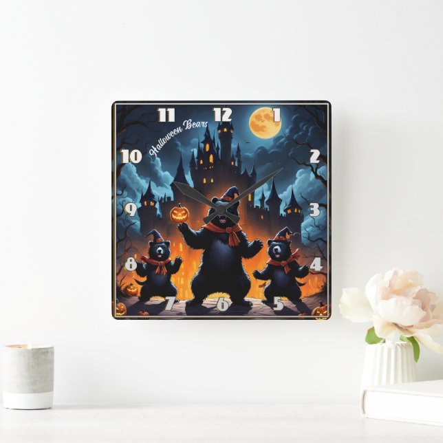 Halloween bears celebrate at a haunted castle square wall clock (Home)