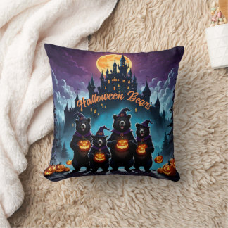 Halloween bears celebrate with jack-o'-lanterns cushion